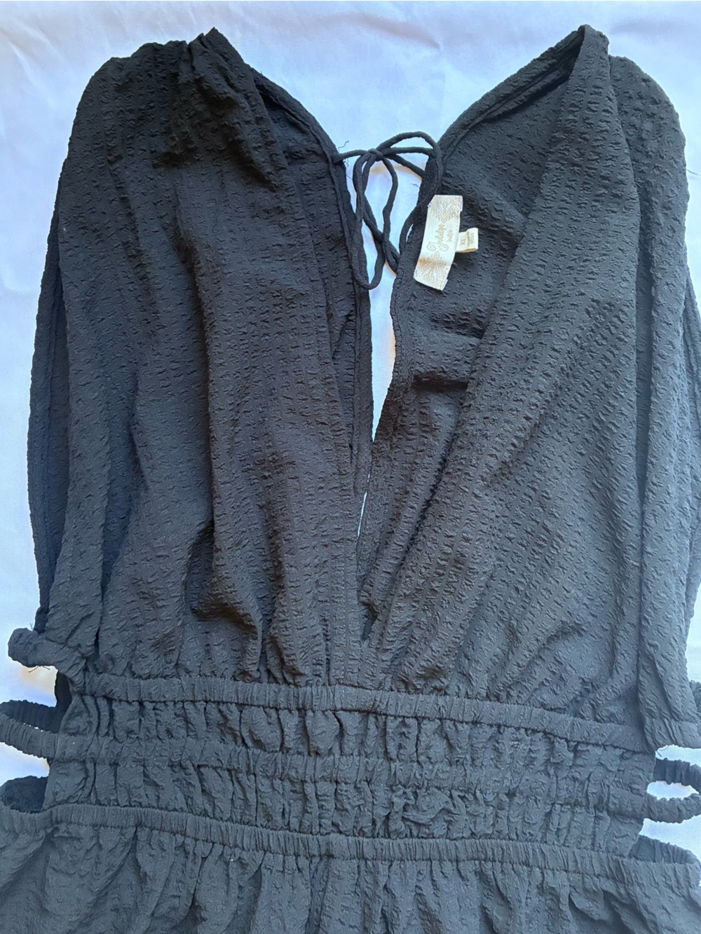 Black V-Neck Wide-Leg Jumpsuit with Smocked Waist - Picture 5 of 6